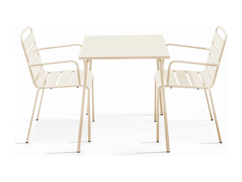 Ensemble table de jardin carrée et 2 fauteuils acier ivoire - Palavas