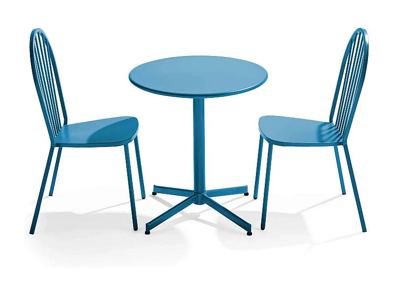 Set ronde tafel en 2 tuinstoelen van blauw pacifisch metaal