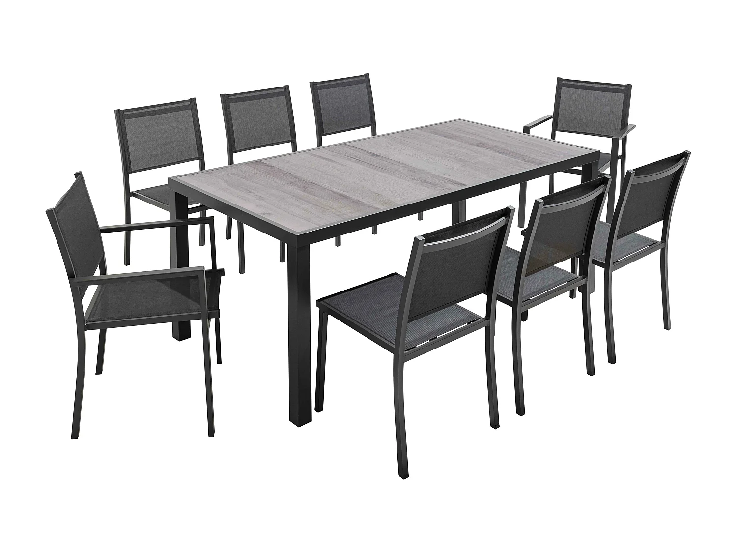 Ensemble table de jardin et 8 fauteuils effet bois grisé  - Tivoli