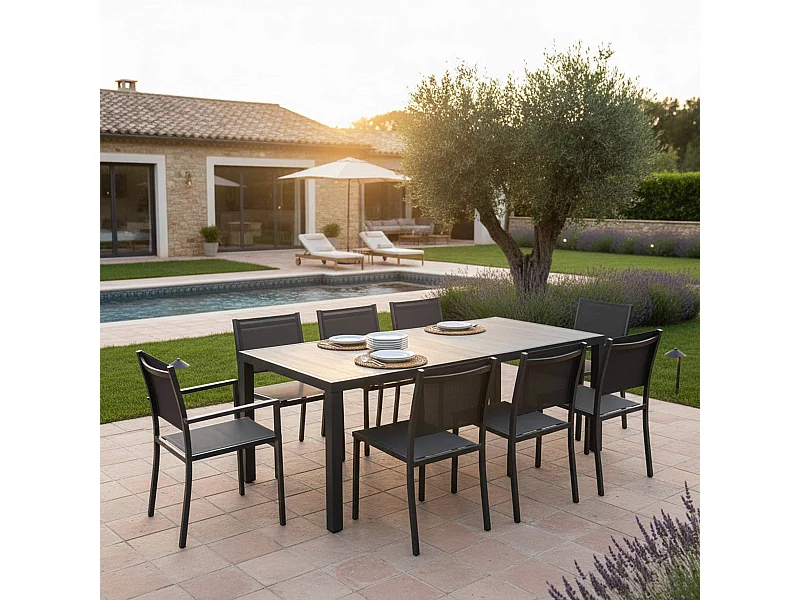 Ensemble table de jardin et 8 fauteuils effet bois grisé  - Tivoli