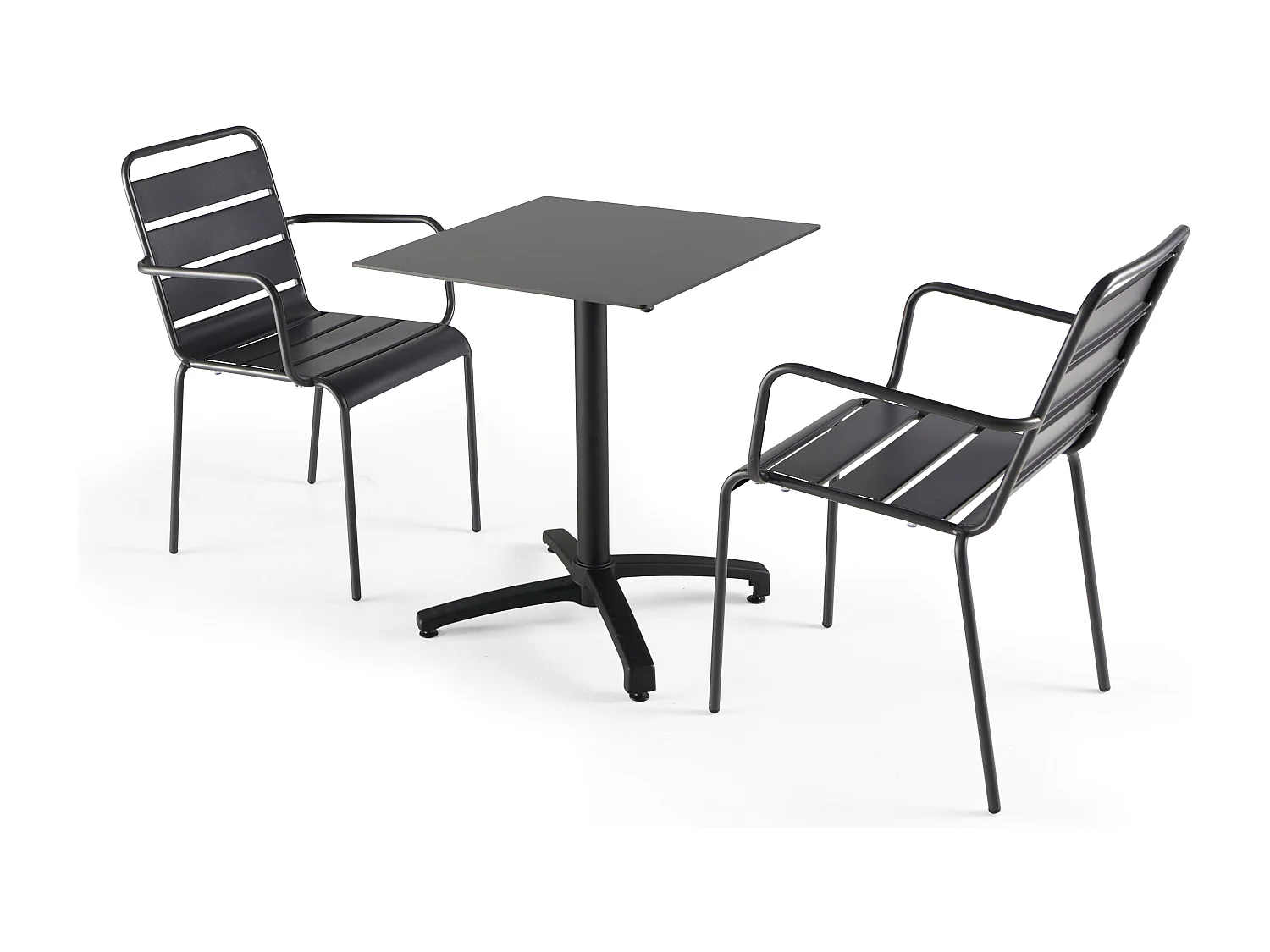 Ensemble table de terrasse stratifié noir et 2 fauteuils palavas gris
