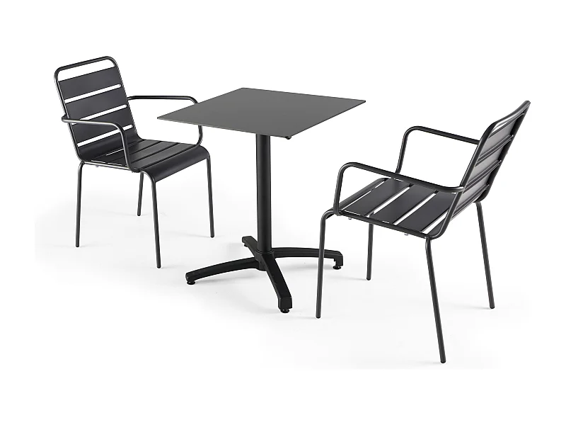 Ensemble table de terrasse stratifié noir et 2 fauteuils palavas gris