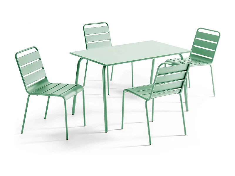 Ensemble table de jardin en métal et 4 chaises vert sauge - Palavas