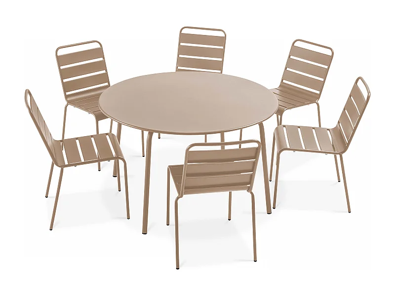 Ensemble table de jardin ronde et 6 chaises en métal taupe - Palavas