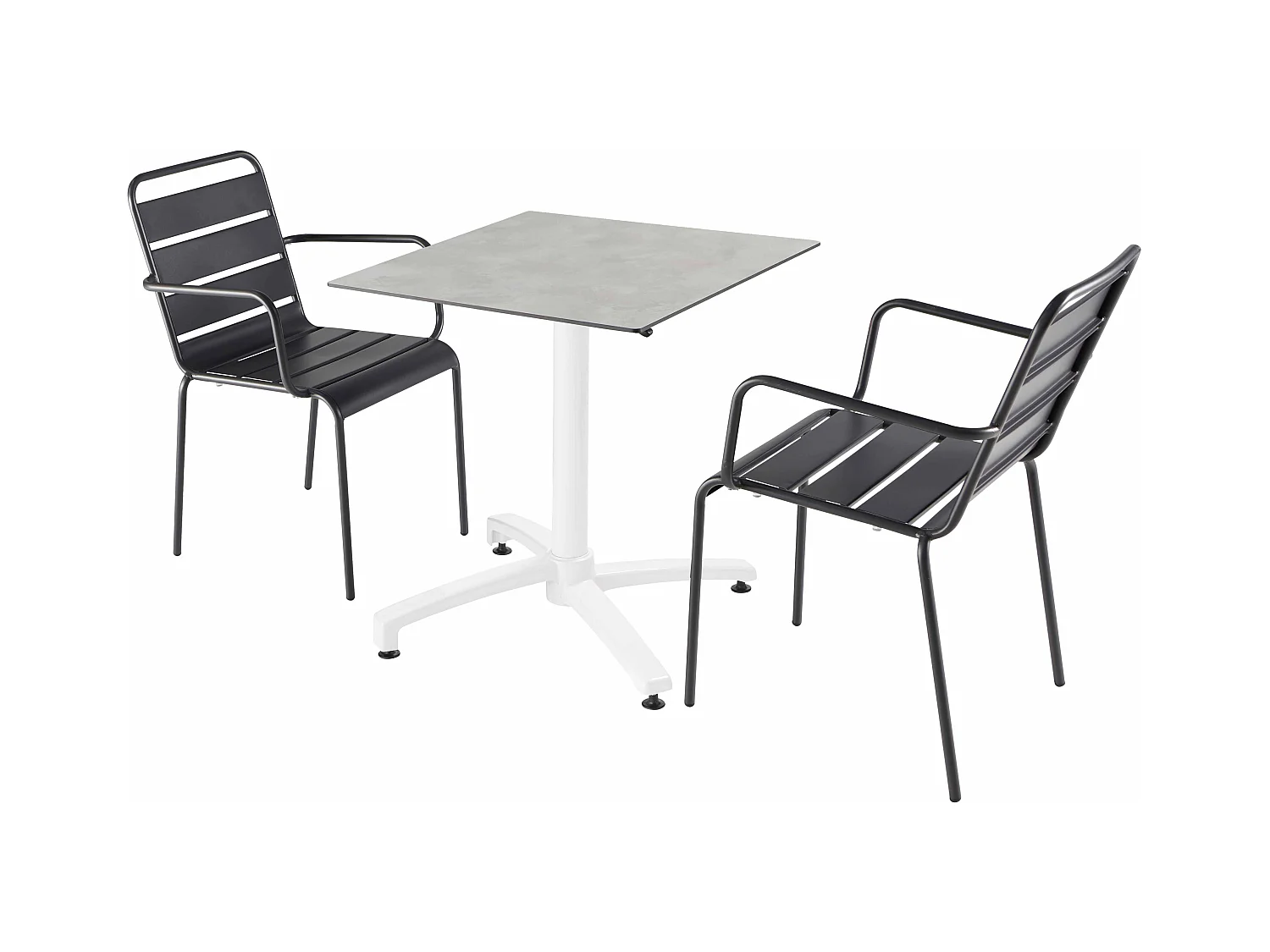 Ensemble table terrasse stratifié béton et 2 fauteuils gris