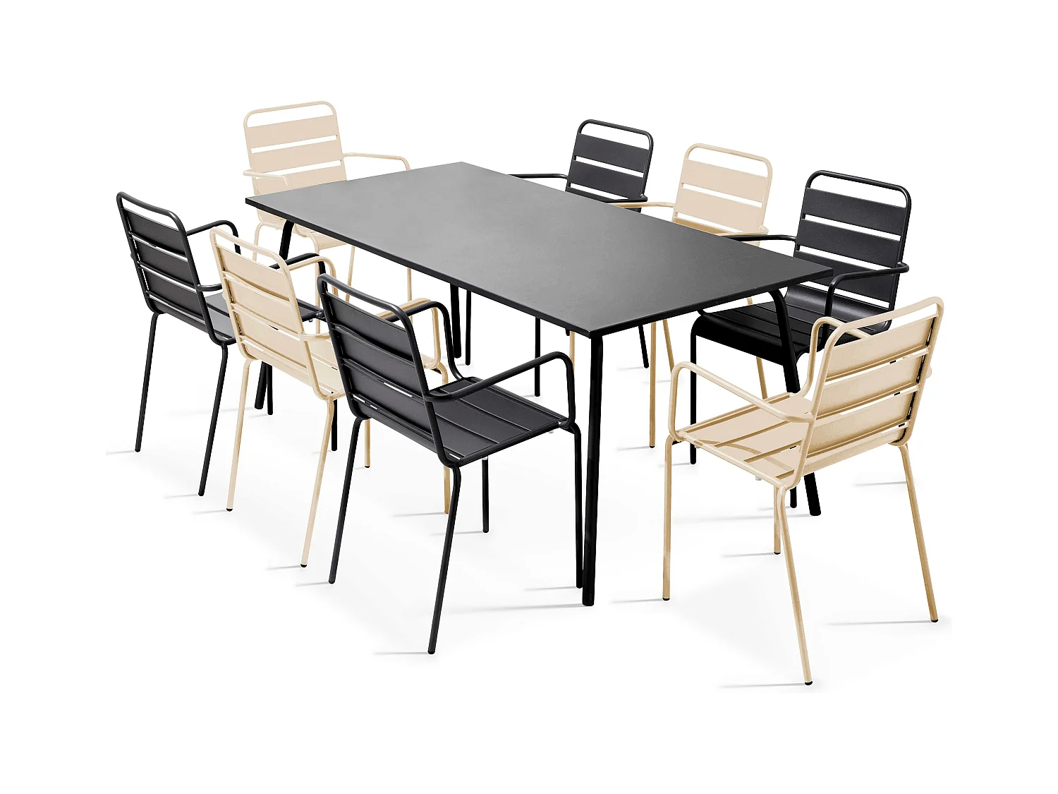 Ensemble table de jardin et 8 fauteuils en métal ivoire et gris - Palavas