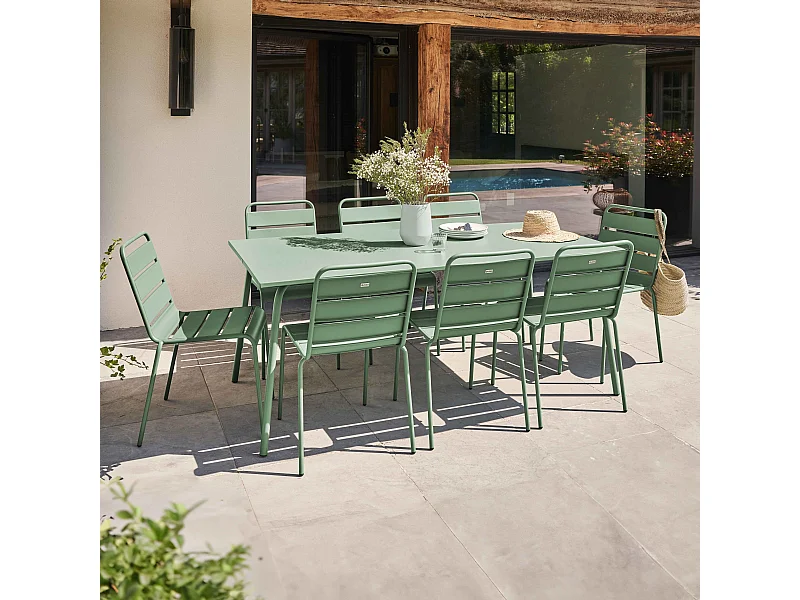 Ensemble table de jardin et 8 chaises en métal vert sauge - Palavas