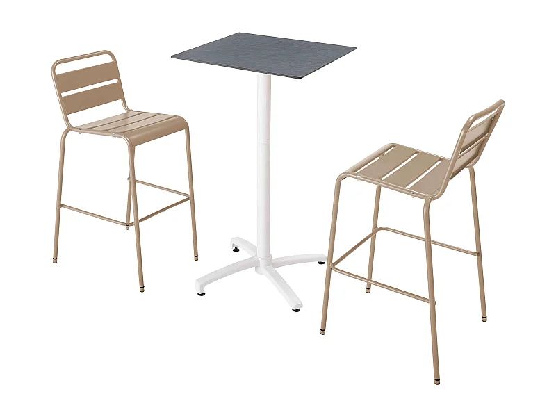 Ensemble table haute stratifié gris et 2 chaises hautes taupe