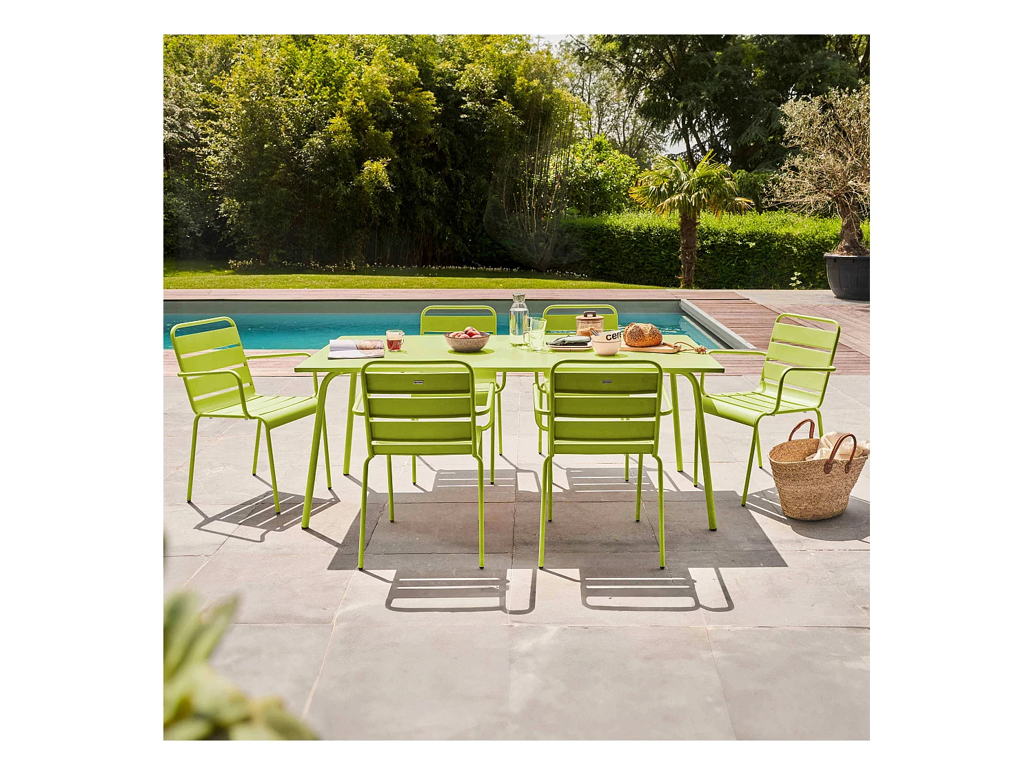 Ensemble table de jardin et 6 fauteuils en métal vert - Palavas