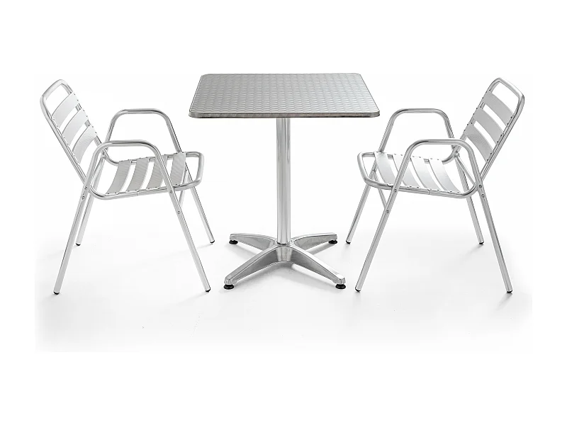 Table de jardin bistrot carrée aluminium et 2 fauteuils