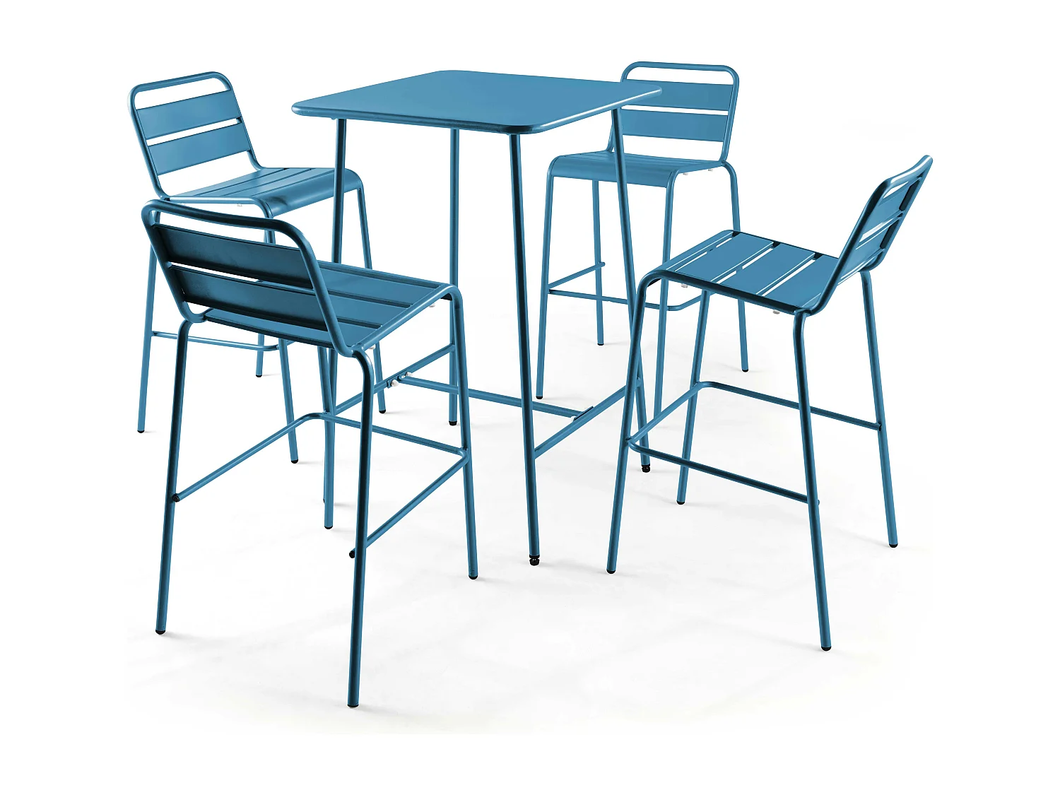 Set bartafel en 4 hoge stoelen van blauw pacifisch metaal