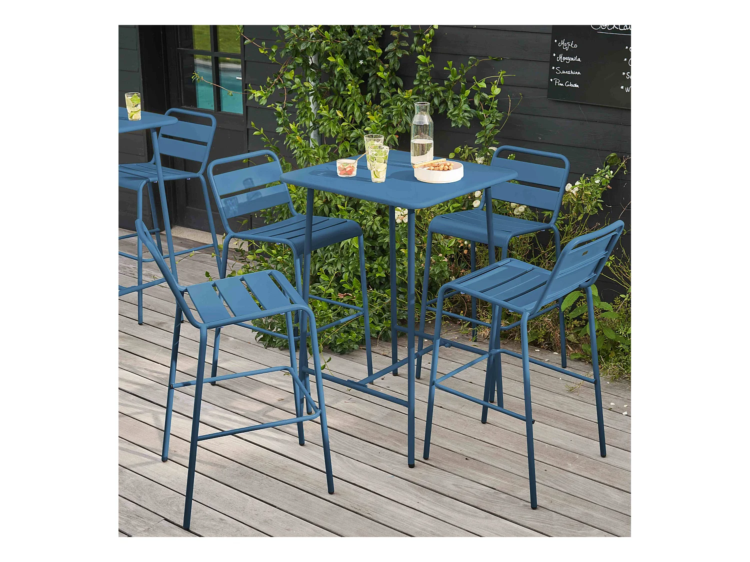 Ensemble table de bar et 4 chaises hautes en métal bleu pacific - Palavas