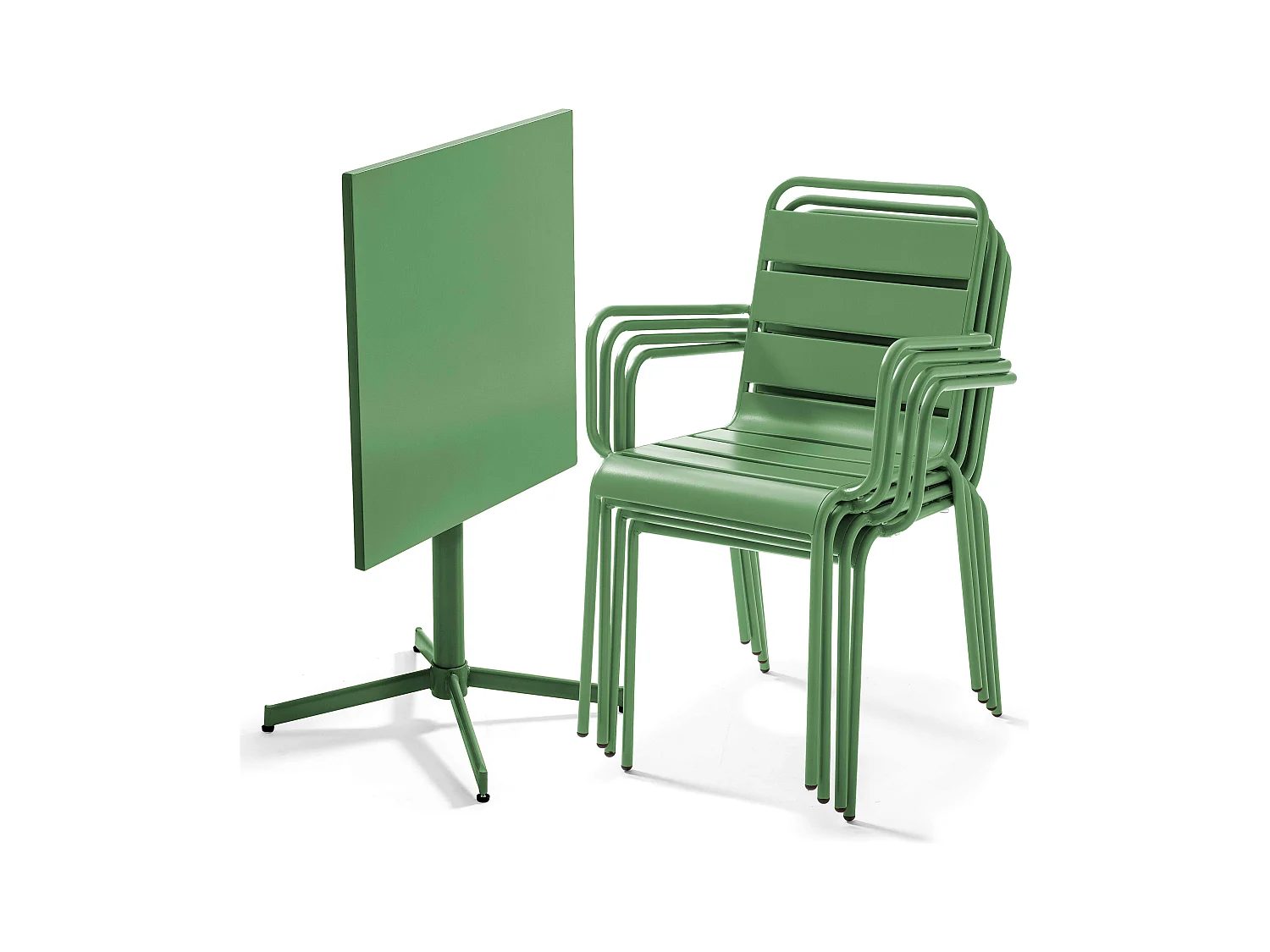 Tuinset met tafel en 4 fauteuils in cactusgroen metaal