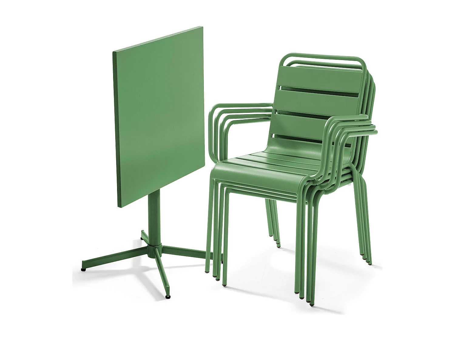 Ensemble table de jardin et 4 fauteuils en métal vert cactus - Palavas