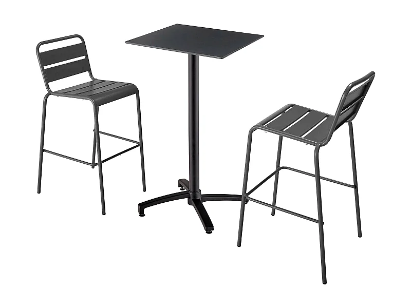 Ensemble table haute stratifié noir et 2 chaises hautes gris