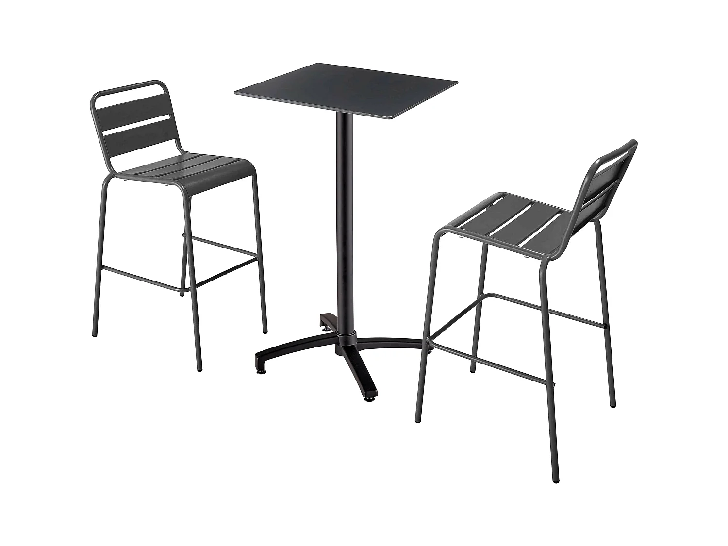 Ensemble table haute stratifié noir et 2 chaises hautes gris