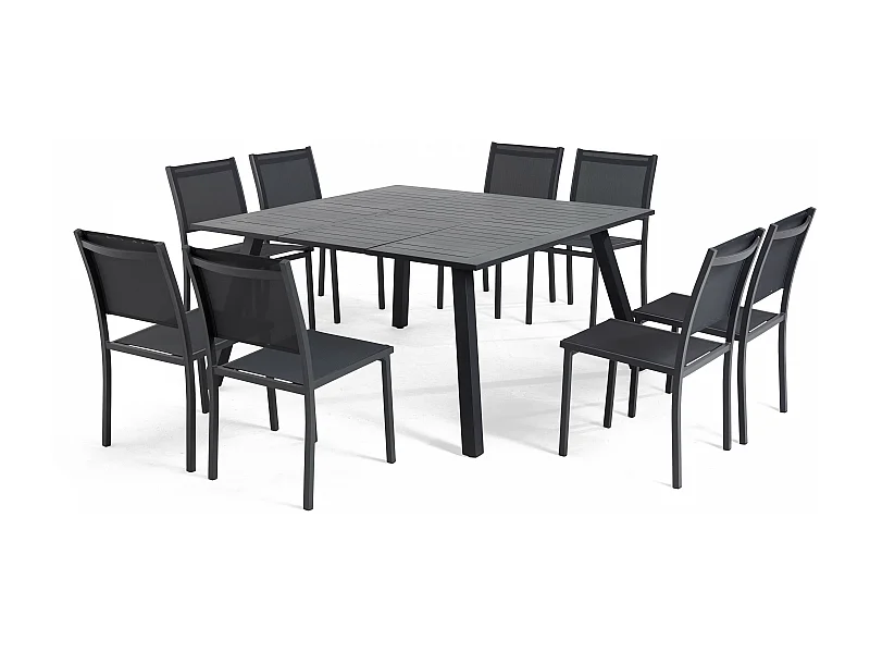 Salon de jardin 8 places table extensible en aluminium gris