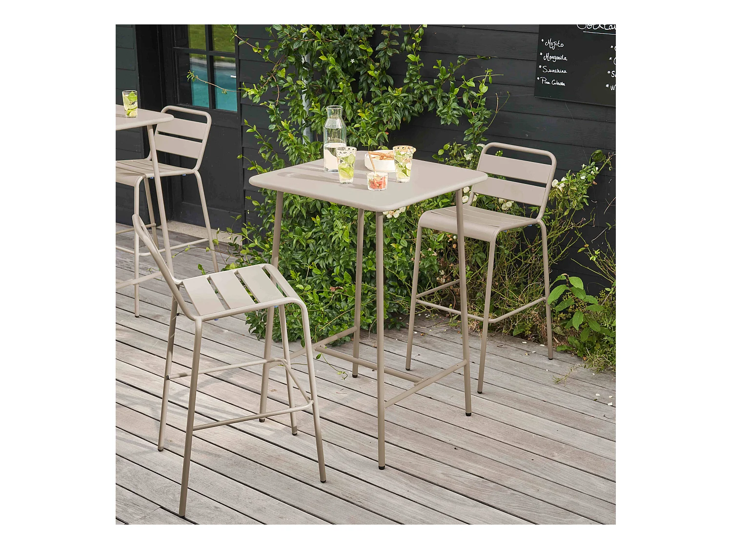 Ensemble table de bar et 2 chaises hautes en métal taupe  - Palavas