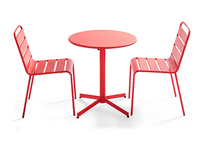 Set van een ronde tuin tafel en 2 rode stoelen