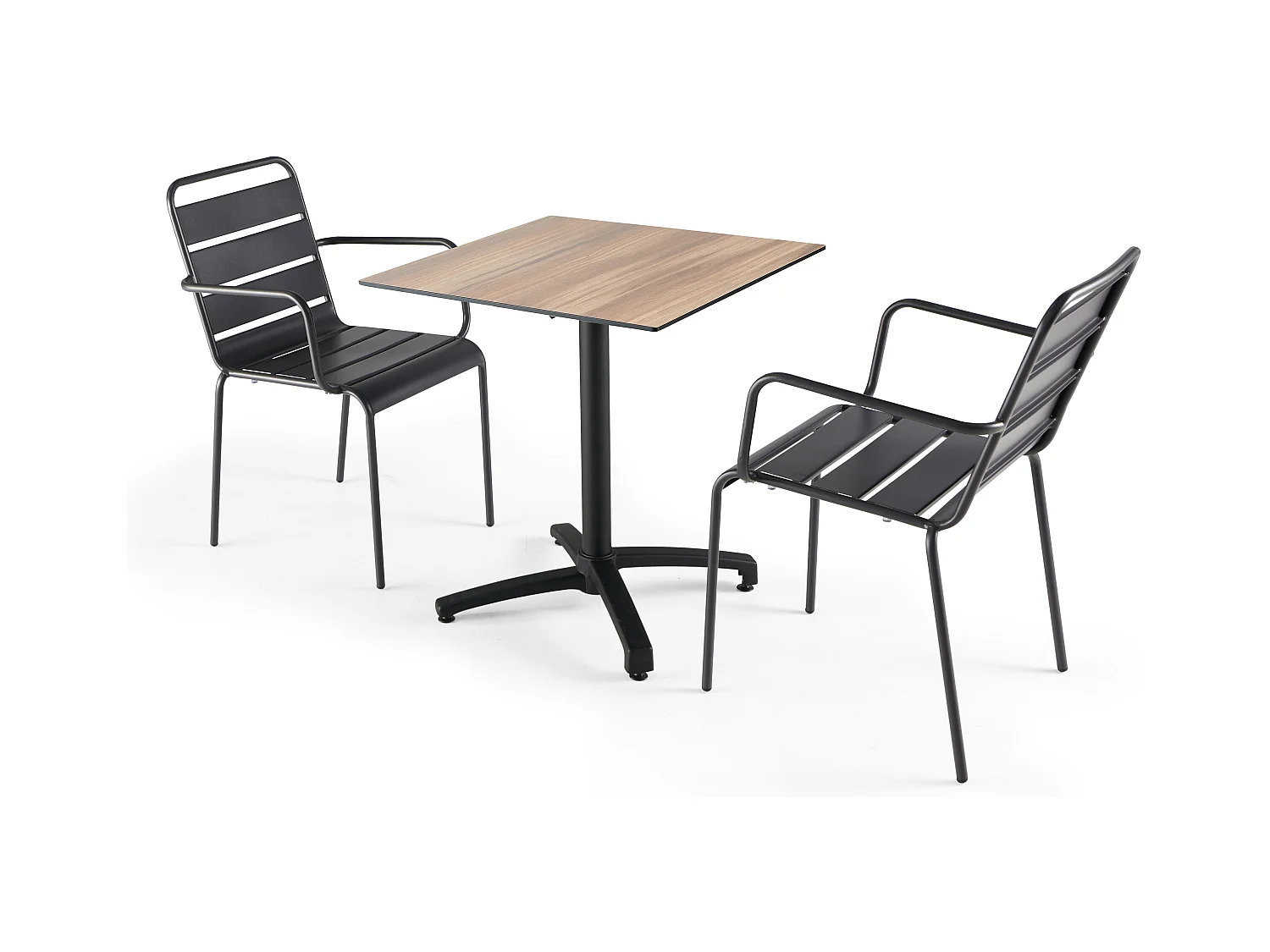 Ensemble table jardin stratifié chène foncé avec 2 fauteuils gris