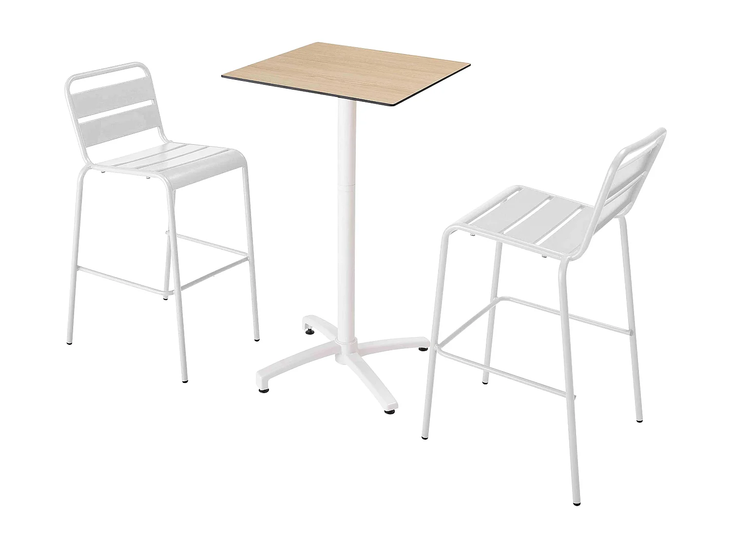 Ensemble table haute stratifié  chêne naturel et 2 chaises blanc