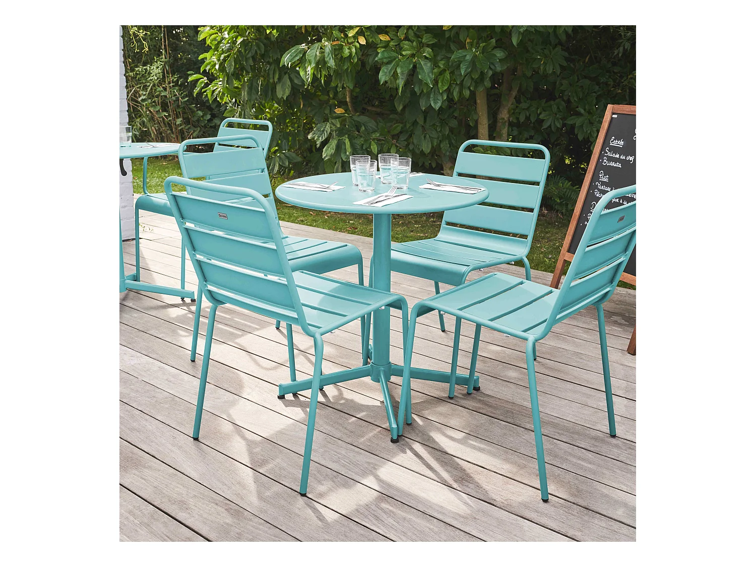 Ensemble table  de jardin ronde et 4 chaises en métal turquoise - Palavas