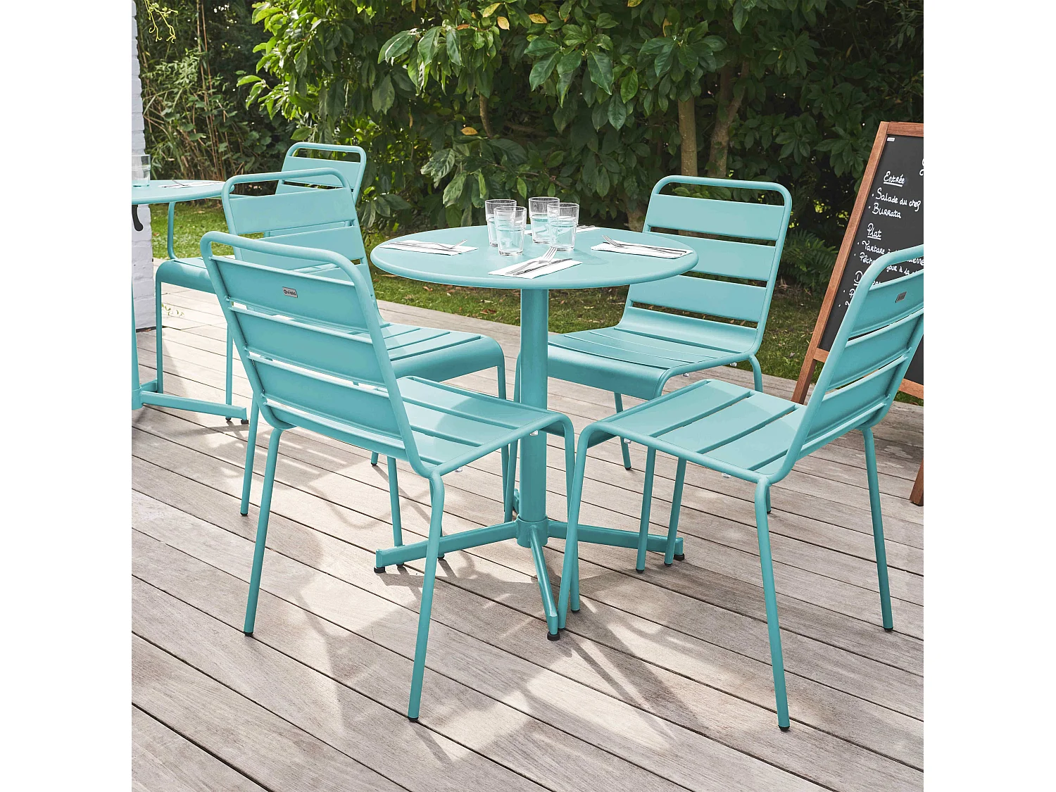 Ensemble table  de jardin ronde et 4 chaises en métal turquoise - Palavas