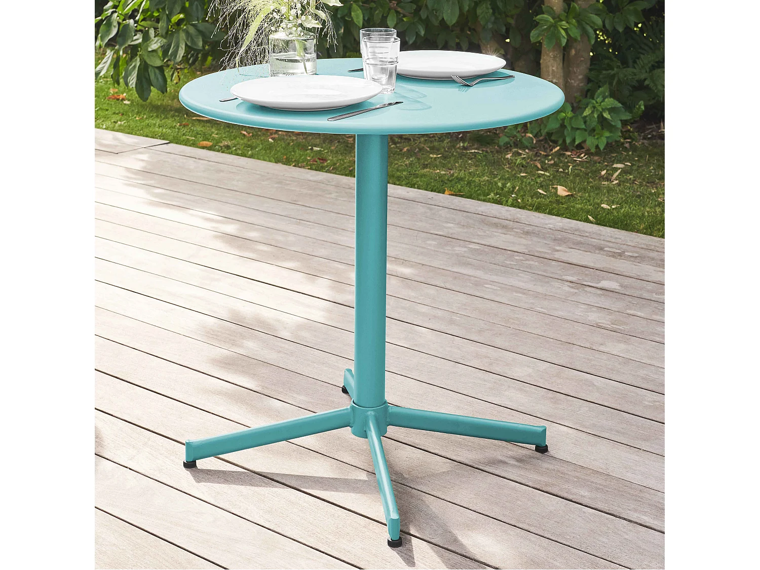 Ensemble table  de jardin ronde et 4 chaises en métal turquoise - Palavas
