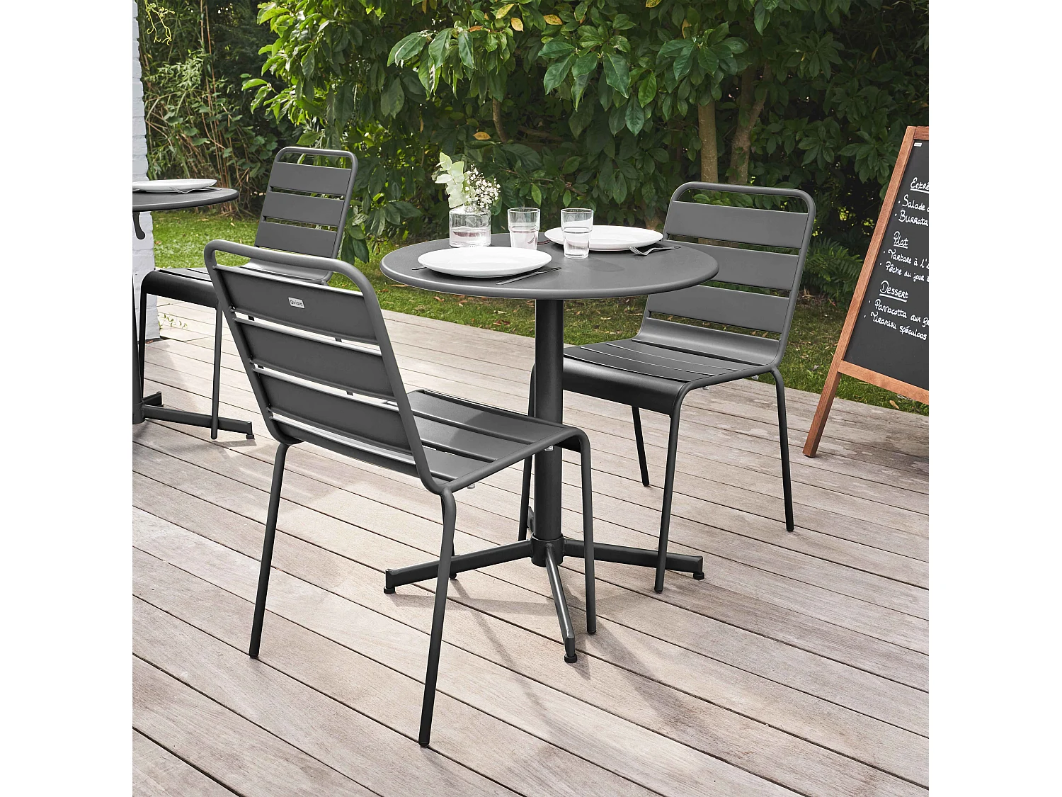 Ensemble table de jardin ronde et 2 chaises métal gris - Palavas