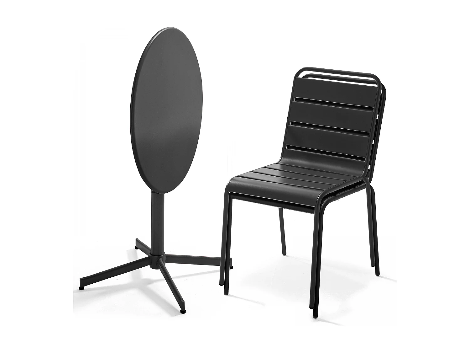 Ensemble table de jardin ronde et 2 chaises métal gris - Palavas