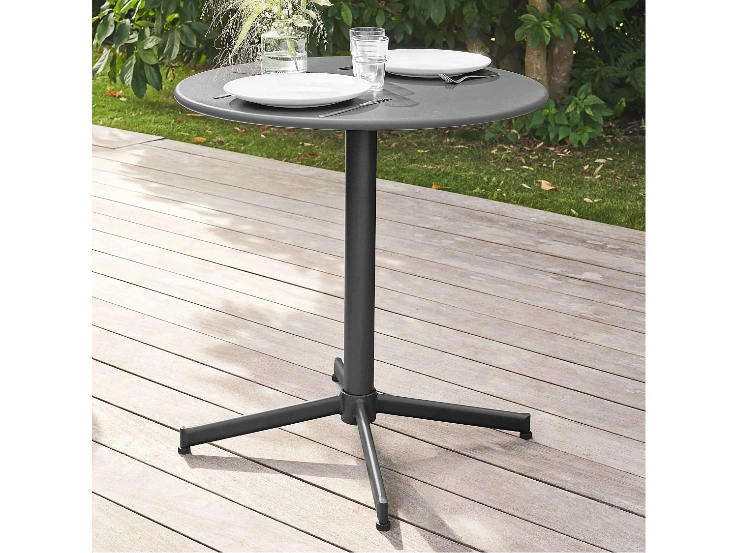 Ensemble table de jardin ronde et 2 chaises métal gris - Palavas