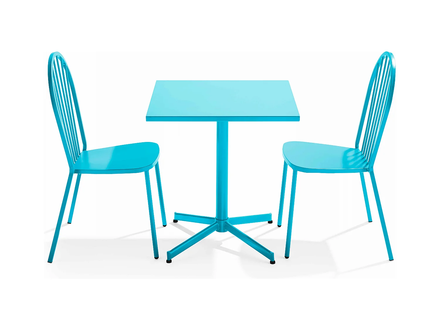 Set van een kantelbare vierkante tuin tafel en 2 blauwe bistrostoelen