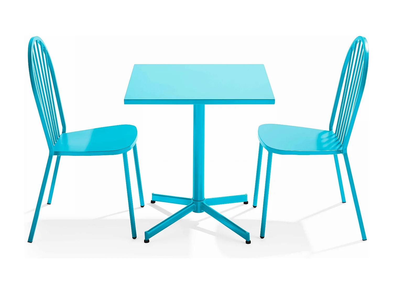 Set van een kantelbare vierkante tuin tafel en 2 blauwe bistrostoelen