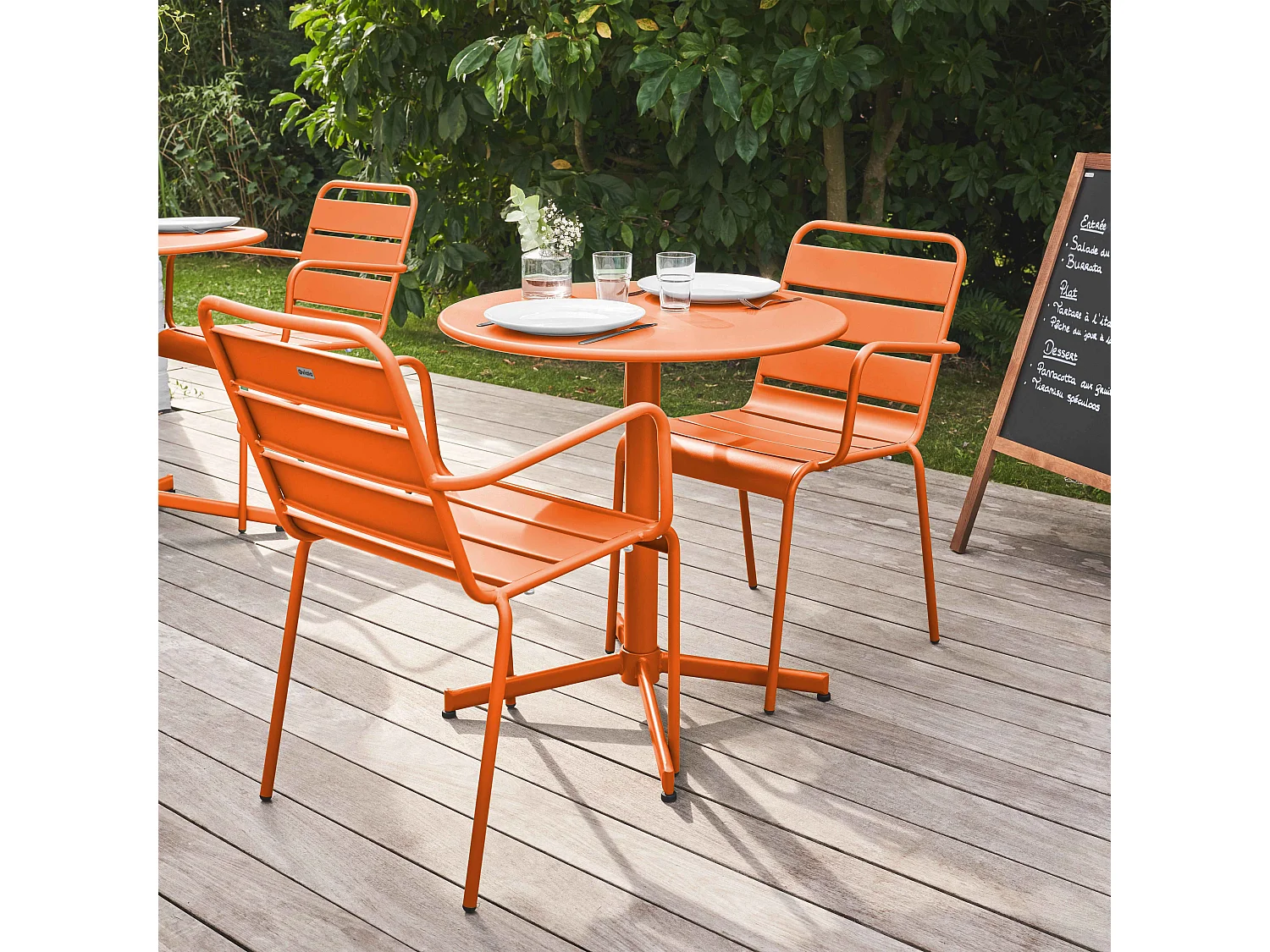 Ensemble table de jardin et 2 fauteuils métal orange - Palavas