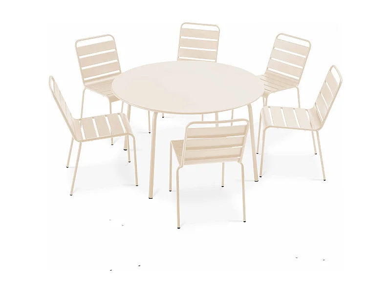 Set van een ronde tuin tafel en 6 ivoor kleurige stoelen