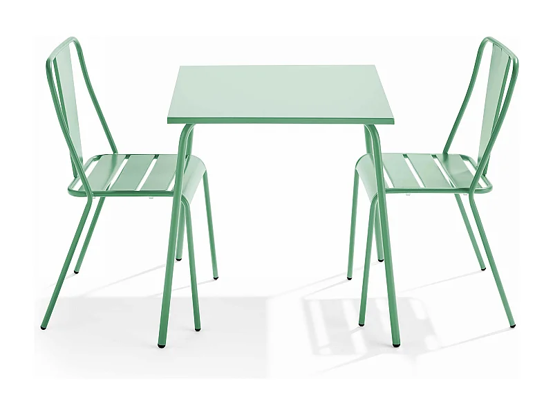 Ensemble table de jardin carrée et 2 chaises bistrot vert sauge - Palavas