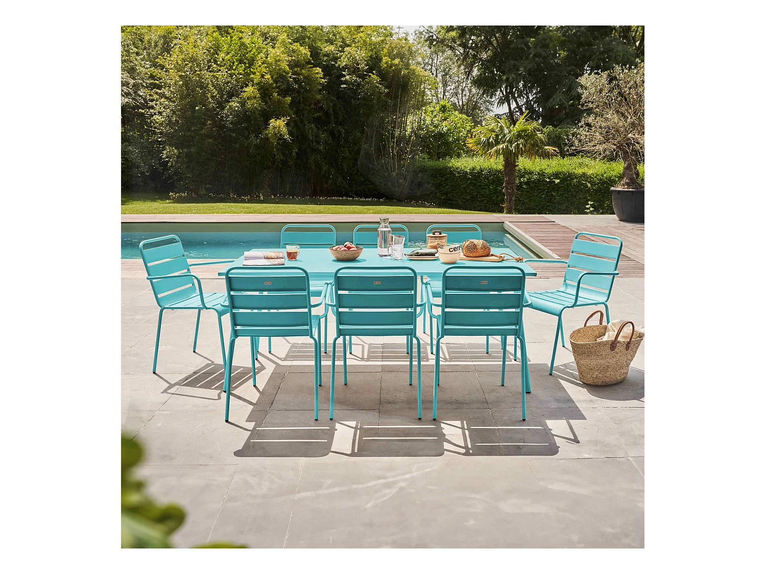Ensemble table de jardin et 8 fauteuils en métal turquoise - Palavas