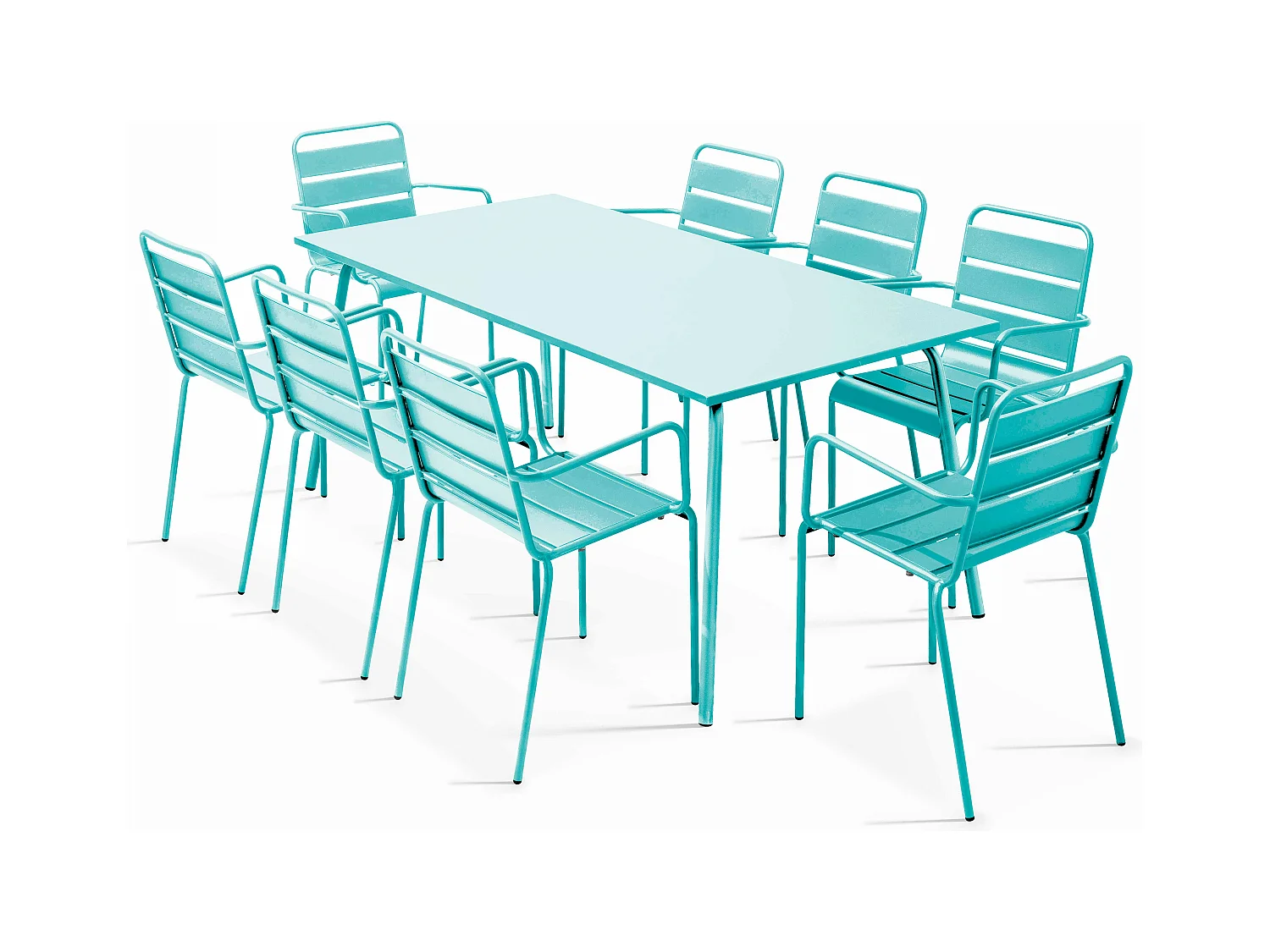 Mesa de jardín y 8 sillas de metal turquesa