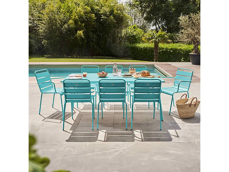 Ensemble table de jardin et 8 fauteuils en métal turquoise - Palavas