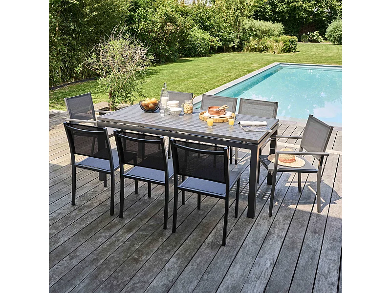 Ensemble table de jardin extensible et 8 assises en aluminium gris