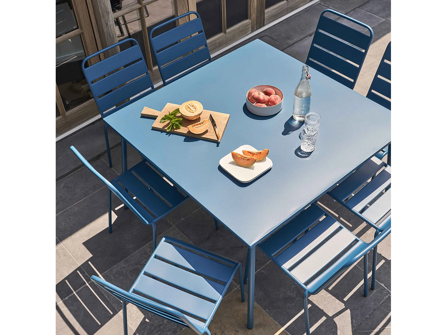 Ensemble table de jardin et 8 chaises en métal bleu pacific - Palavas