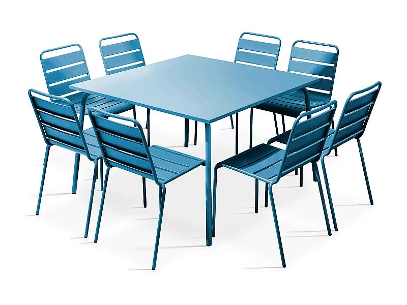 Ensemble table de jardin et 8 chaises en métal bleu pacific - Palavas