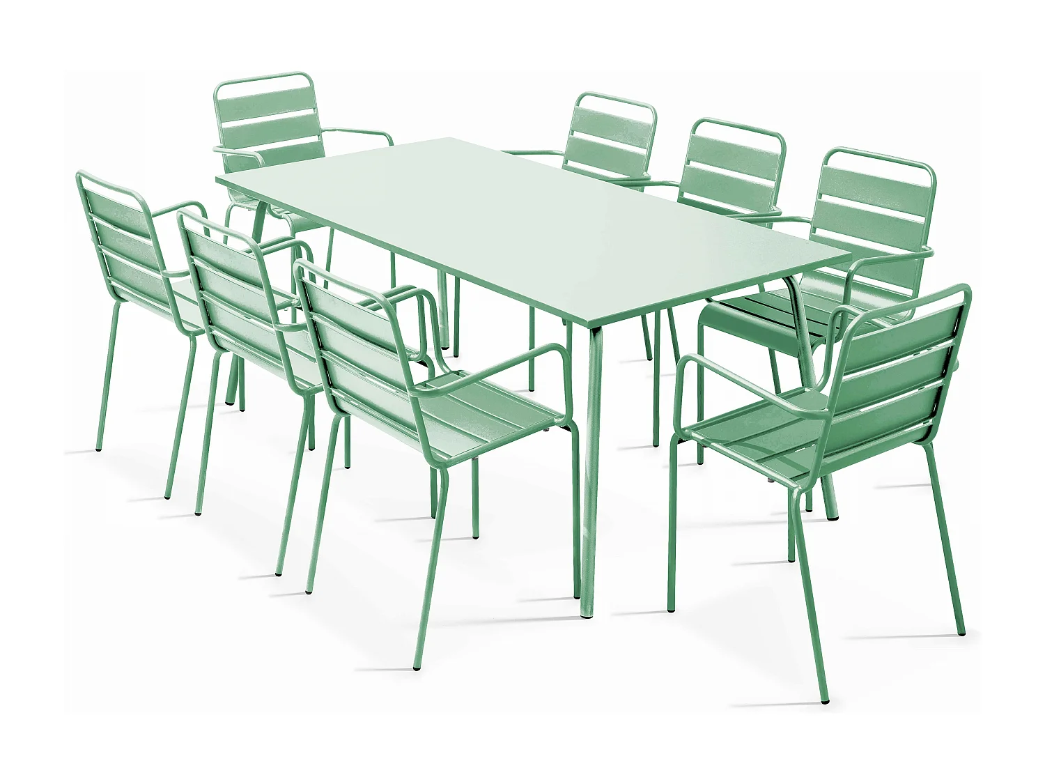 Ensemble table de jardin et 8 fauteuils en métal vert sauge - Palavas