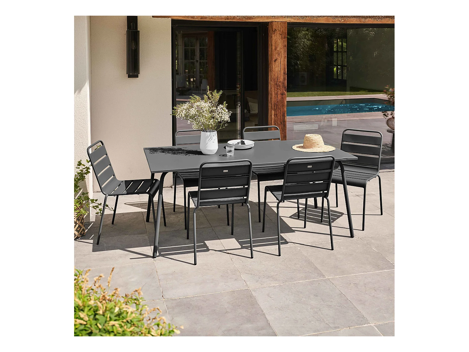 Ensemble table de jardin et 6 chaises en métal anthracite - Palavas