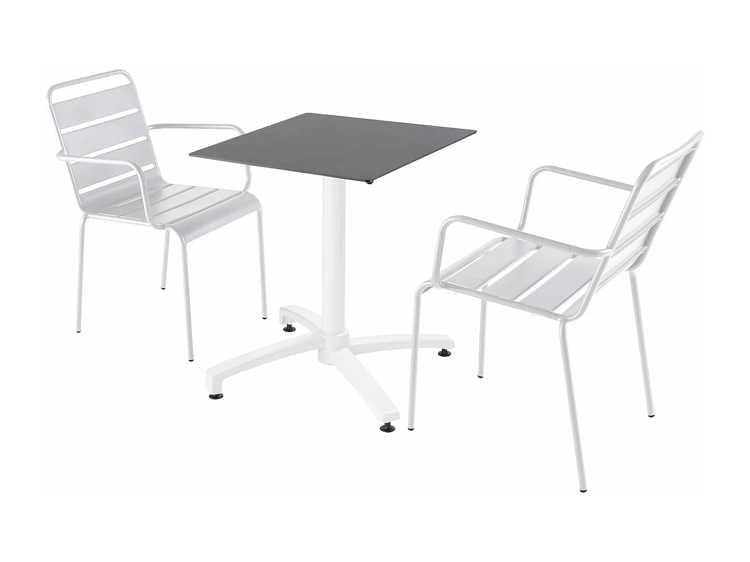 Ensemble table de terrasse ardoise et 2 fauteuils blanc