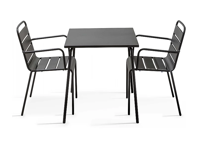 Ensemble table de jardin carrée et 2 fauteuils acier gris - Palavas