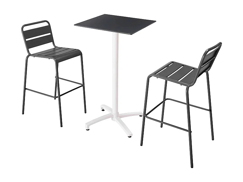 Ensemble table haute stratifié noir et 2 chaises hautes gris