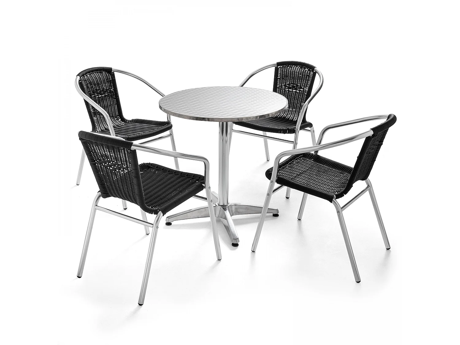 Table de jardin ronde et 4 fauteuils en aluminium et résine