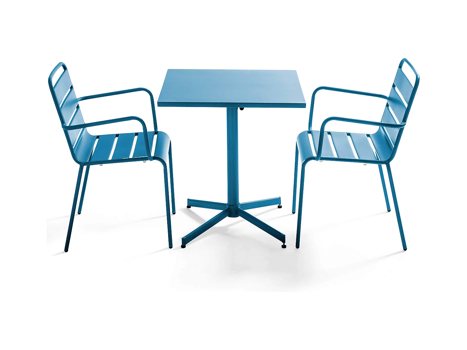 Ensemble table de jardin carrée et 2 fauteuils métal bleu pacific - Palavas