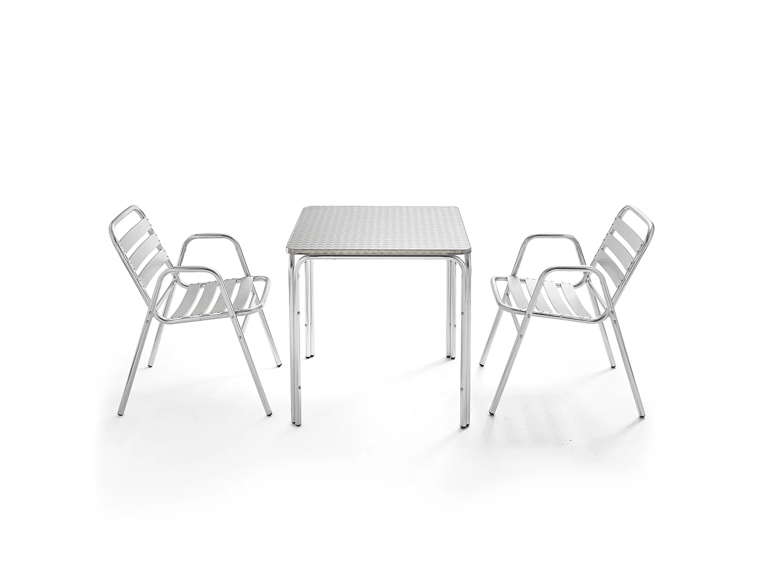 Table de jardin carrée en aluminium et 2 fauteuils